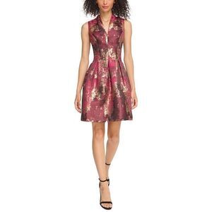 Vince Camuto Women Jacquard V-Neck Fit & Flare Holidays Party Dress Magenta Red
